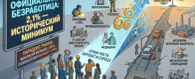 Безработица в России обновила исторический минимум — 2,1%. Кому сейчас легко найти работу, а кому нет