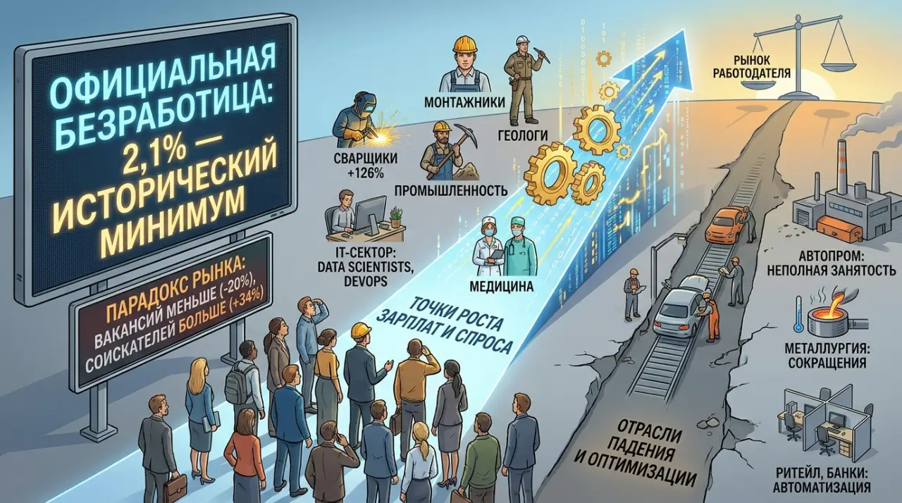Безработица в России обновила исторический минимум — 2,1%. Кому сейчас легко найти работу, а кому нет